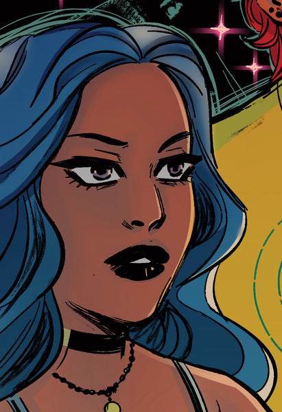 Sapphire Gill, an African-American witch with blue hair. Art by Lisa Sterle and Ellie Wright.