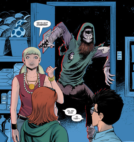 A scary monster comes through the door after Jinx, Danni, and Dilton in a scene from Strange Science