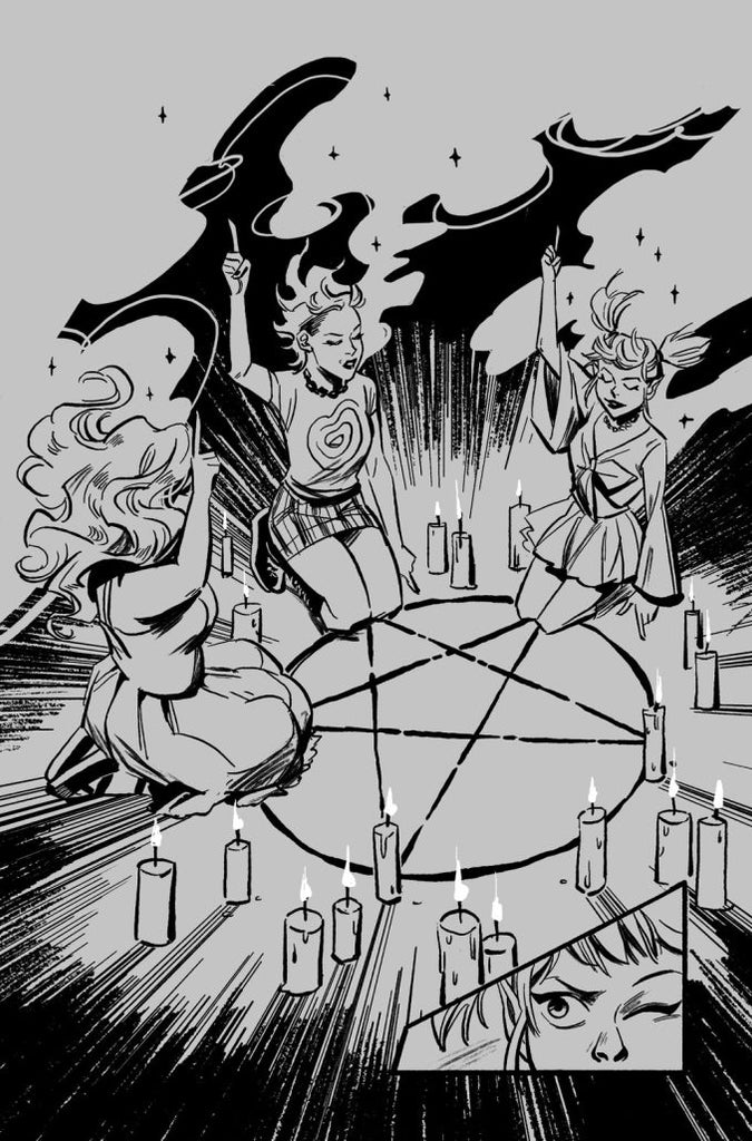 Black and White interior art for The Wicked Trinity one-shot by Lisa Sterle. Amber, Jade, and Sapphire, are all doing magic around a pentagram they've created.