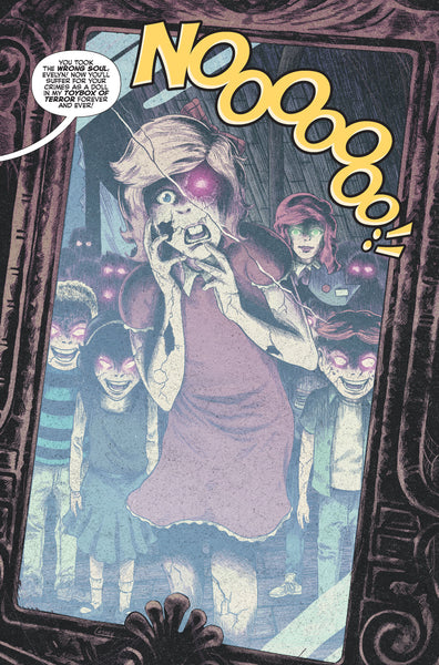 Doll version of Evelyn Evernever shrieking in horror at her reflection in the mirror, surrounded by other dolls. From TOYBOX OF TERROR. Story by Timmy Heague, Art by Ryan Caskey.