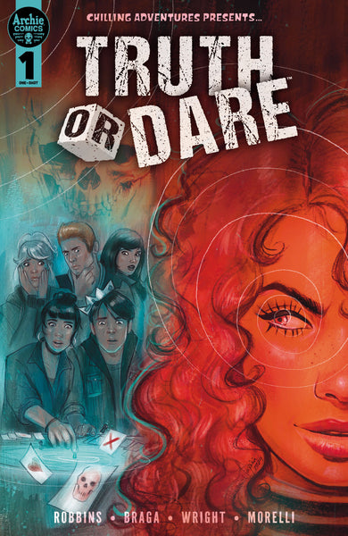 Variant cover art for Truth or Dare by Suspiria Vilchez. A close up of Trula Twyst in orange with Jughead, Ethel, and others behind her in blue.