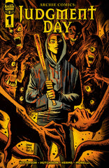 Variant cover of Archie Comics: Judgment Day. Archie is wearing a hoodie and holding a baseball bat, surrounded by demons. Art by Francesco Francavilla.