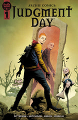 Variant cover for Archie Comics: Judgment Day. Archie is standing in front of a mirror, a wasteland of skulls and demons behind him. Art by Jae Lee.