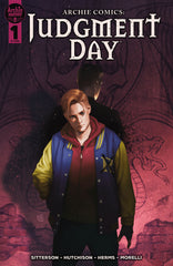 Variant cover for Archie Comics: Judgment Day. Archie is standing, facing forward, a demon behind him, against a purple-toned background. Art by Reiko Murakami.