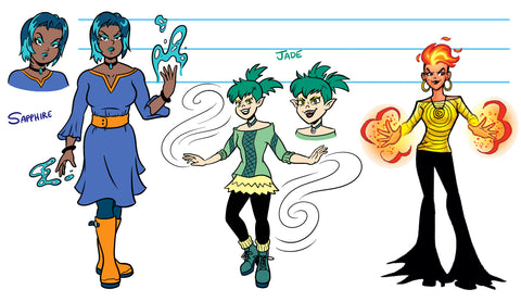 Sapphire, Jade, and Amber, on lined-style paper. Art by Vincent Lovallo and Dan Parent.