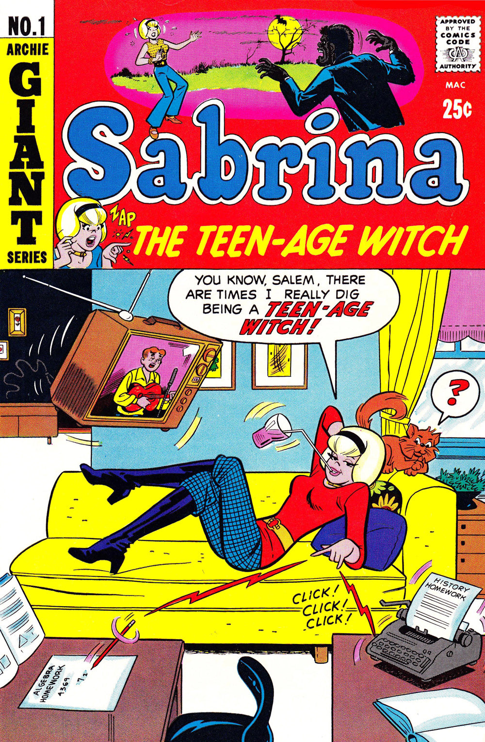 Iconic cover of Sabrina the Teenage Witch #1 from 1971, of Sabrina on a yellow couch using her magic and watching Archie play guitar on TV. Salem is an orange cat perched atop the couch. Art by Dan DeCarlo.