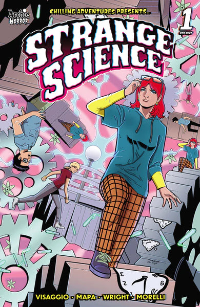 Main cover by Butch Mapa for Strange Science, featuring Danni Malloy, Jinx Holliday, and Dilton Doiley amid various items depicting time travel and the dissolution of timelines.
