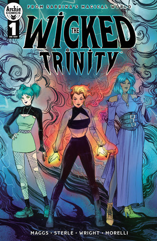 Variant cover for The Wicked Trinity one-shot by Soo Lee. Amber, Jade, and Sapphire are all standing together, surrounded by magical forces.