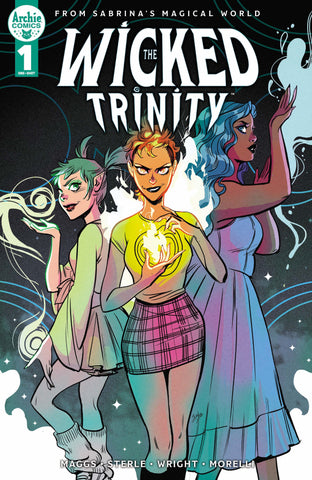 Main cover for The Wicked Trinity one-shot by Lisa Sterle. Amber, Jade, and Sapphire are all standing in a semi-circle, each harnessing their own powers of fire, water, and wind.