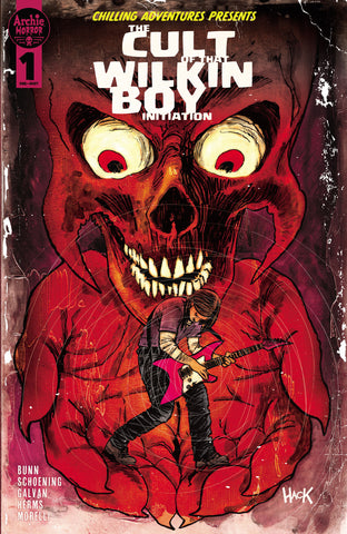 Variant cover by Robert Hack for The Cult of That Wilkin Boy: Initiation. A red skeletal demon creature holds in his hands Bingo Wilkin, who is playing a pink electric guitar.