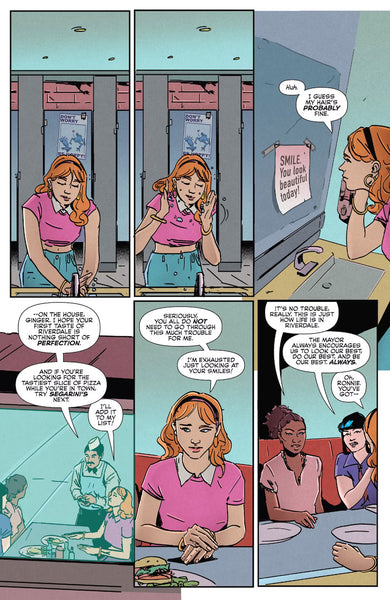A page from the Welcome to Riverdale one-shot, featuring Ginger Snapp talking to Nancy Woods and Veronica Lodge at Pop's diner.
