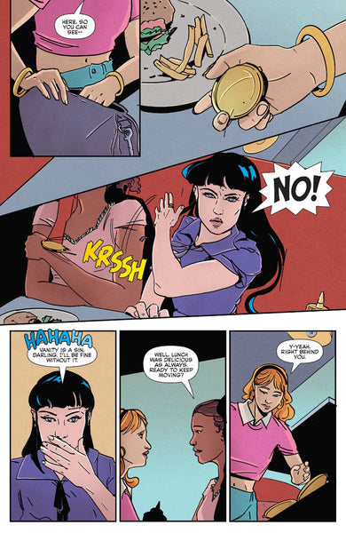 A page from the Welcome to Riverdale one-shot, featuring Ginger Snapp talking to Nancy Woods and Veronica Lodge at Pop's diner, Veronica is angrily swiping at a compact mirror Ginger hands to her.