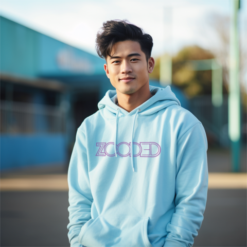 Zooded male model with the Strain Specific Pink Lemonade Hoodie in Baby Blue (Front)