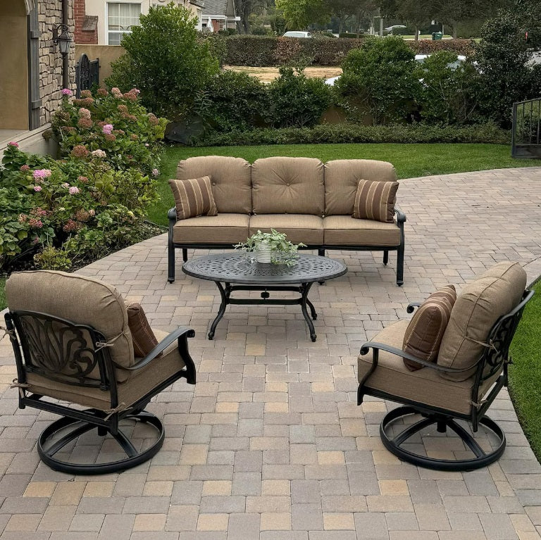 Elisabeth 4 Pc Cast Aluminum Seating Set w/ 46 X 31 Inch Oval Table & Swivel Rockers & Throw Pillows in Antique Bronze/Sesame
