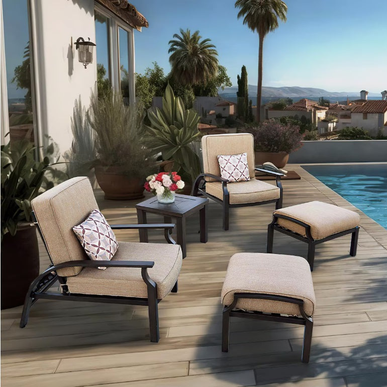 Brooklyn Aluminum Seating Set w/ 21 Inch Square Table & Reclining Chairs & Ottomans in Multi Brown/Sesame