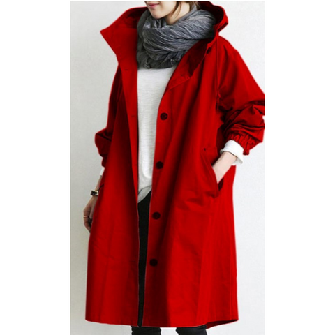 Rode lange trenchcoat voor dames met capuchon