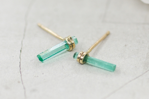 emerald bar earrings with gold setting