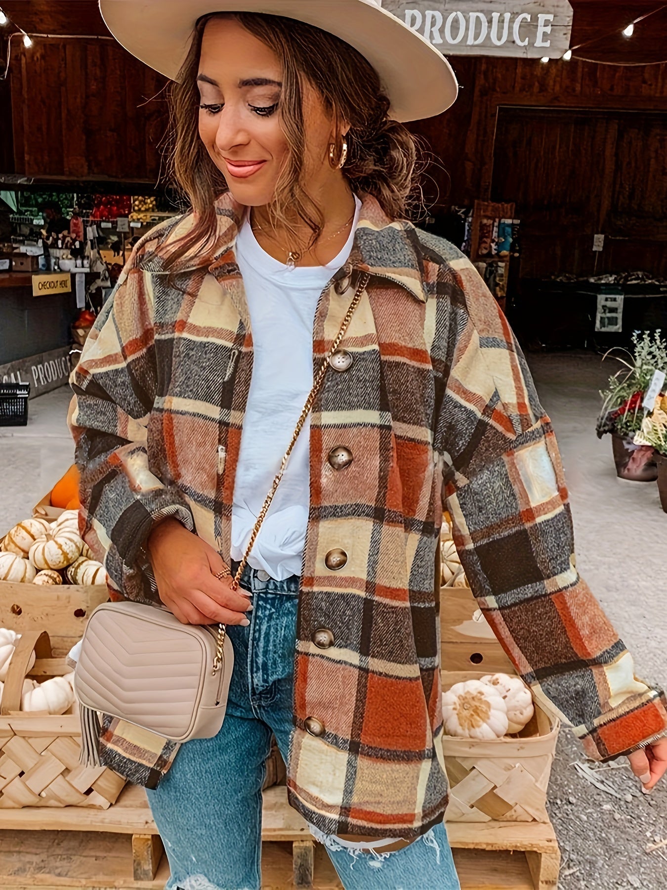 Plaid Print Button Jacket, Casual Collared Long Sleeve Outerwear, Women's Clothing