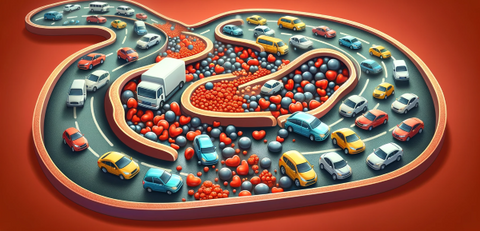 An illustration depicting small, dense LDL cholesterol particles as small cars causing blockages or plaques in an artery