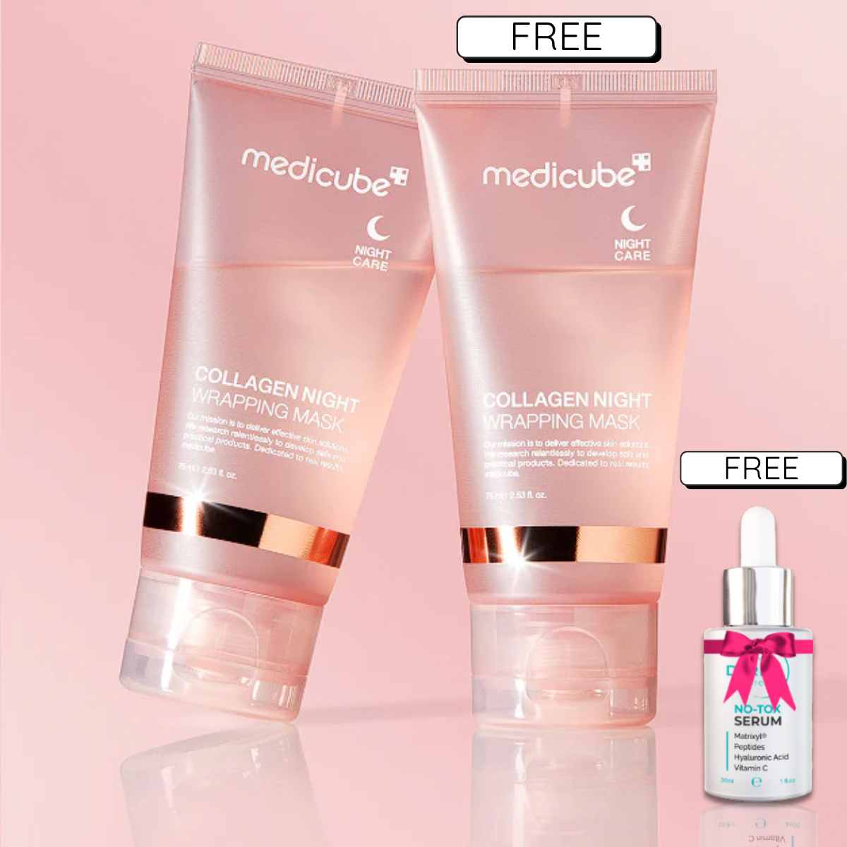 Two tubes of Medicube Collagen Night Wrapping Mask with a free serum bottle.