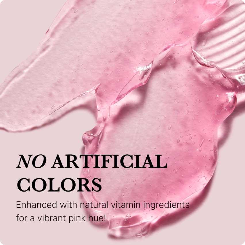 Pink gel texture with overlaid text 'NO ARTIFICIAL COLORS, enhanced with natural vitamin ingredients.'