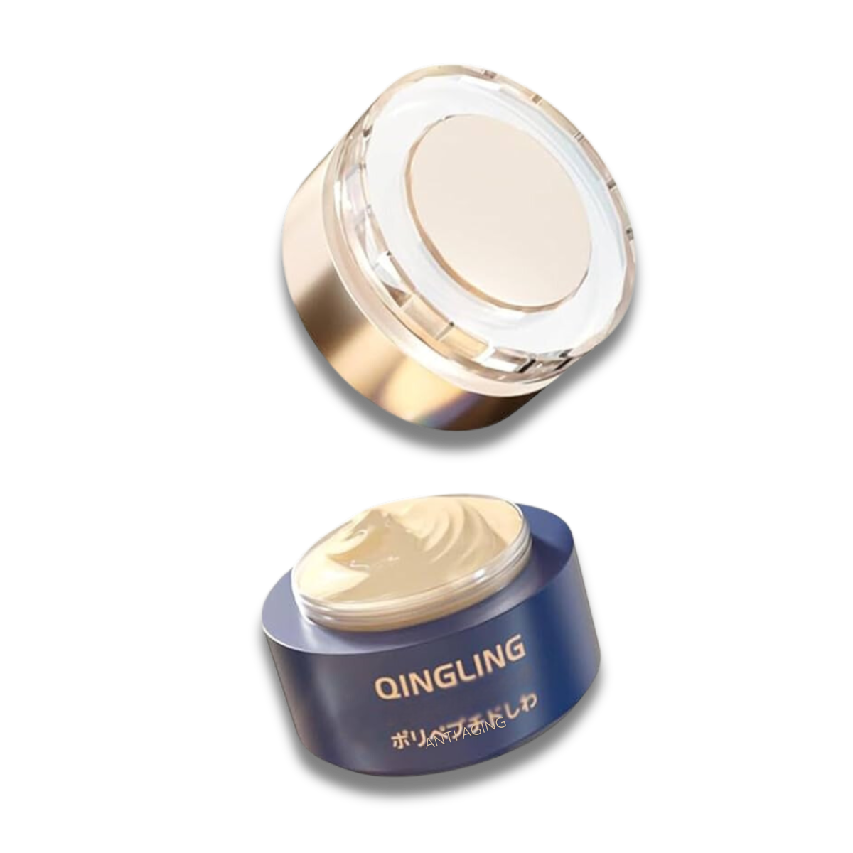 A blue jar labeled 'QINGLING' containing cream with a detached clear lid.