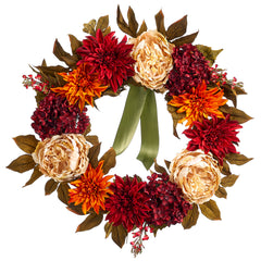 22" Silk Hydrangea, Dahlia & Peony Flower Hanging Wreath -Burgundy/Rust (pack of 2)