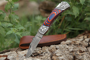 Damascus Steel Folding Pocket Knife – Multi Blue and Red - Bourbon and Bluffs