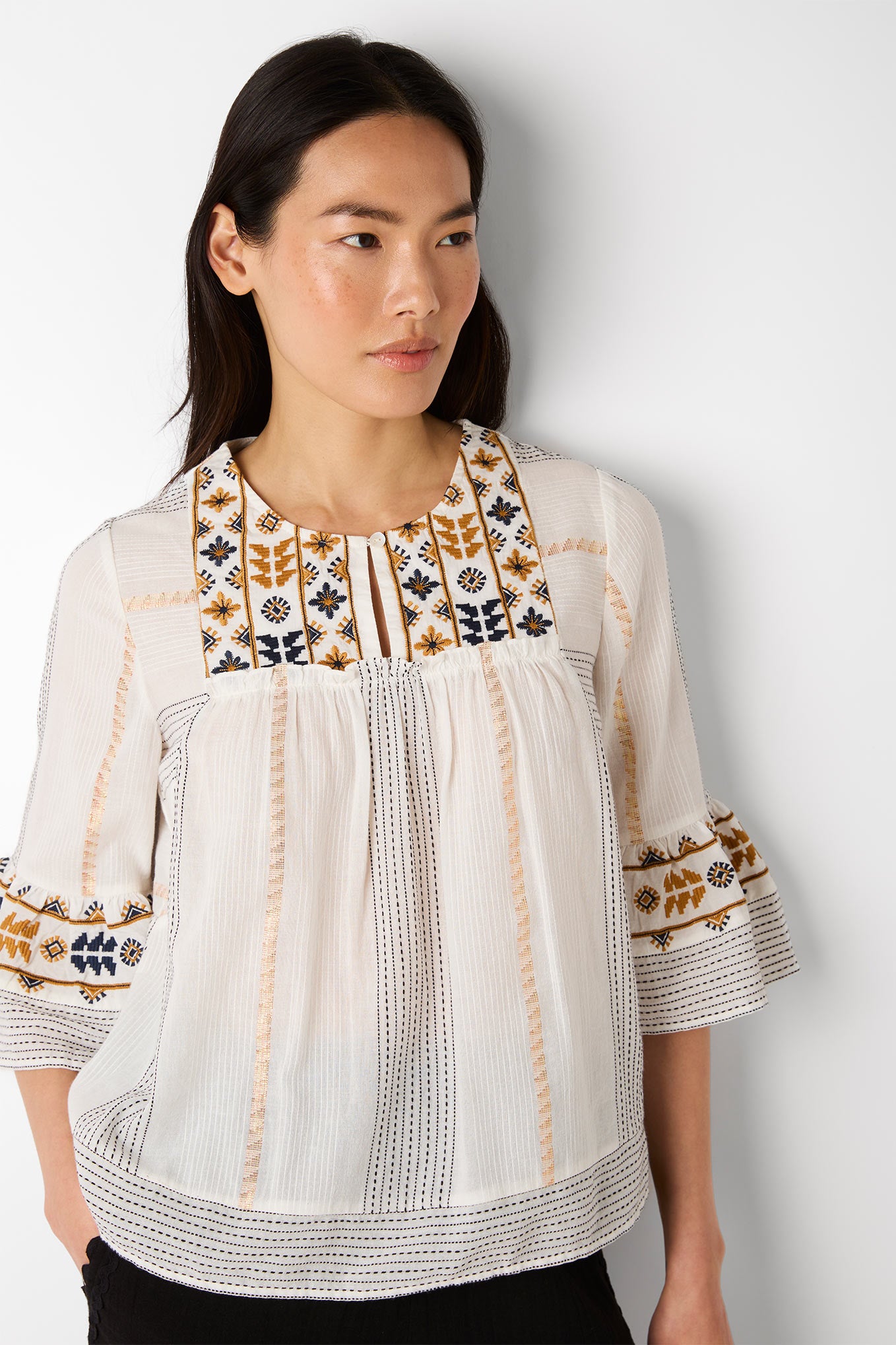 Avril Embroidered Shimmer Blouse - Ivory/Multi