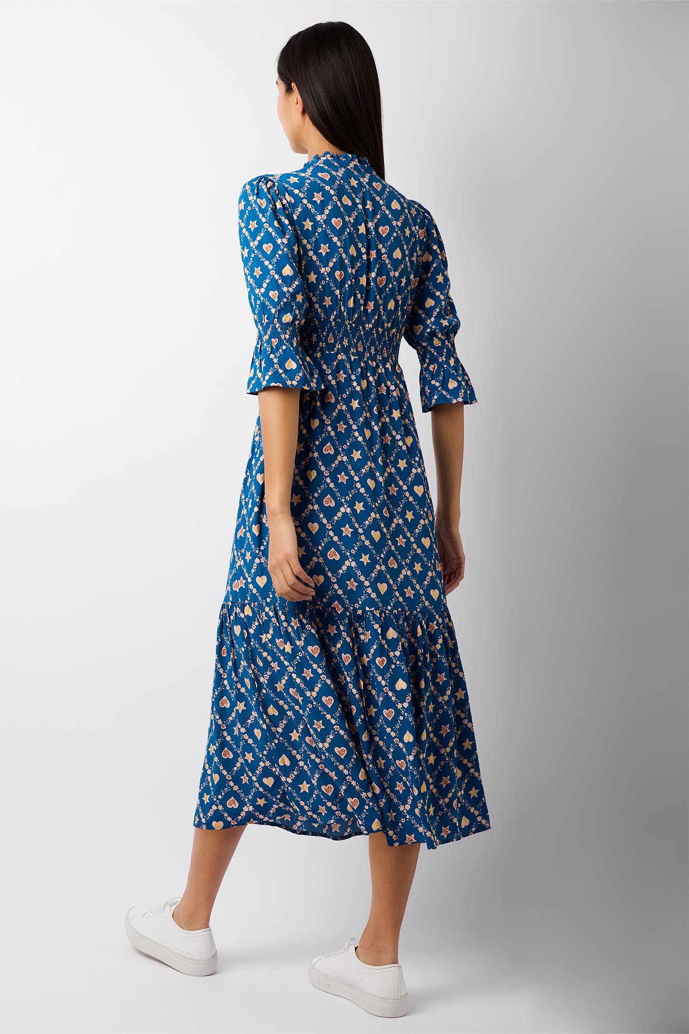 Aimee Hearts and Stars Floral Print Dress - Blue Multi - Longer Length