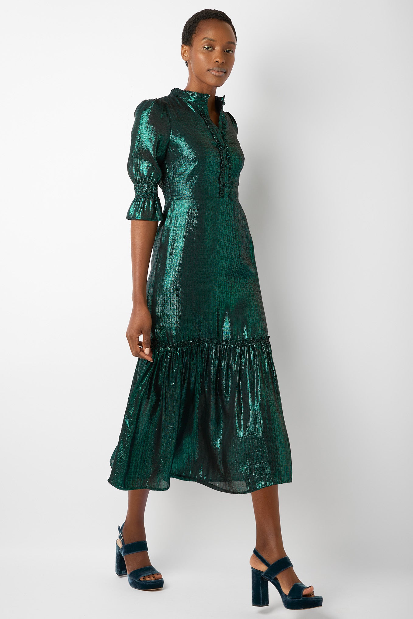 Aimee Silk Mix Lame Dress - Emerald