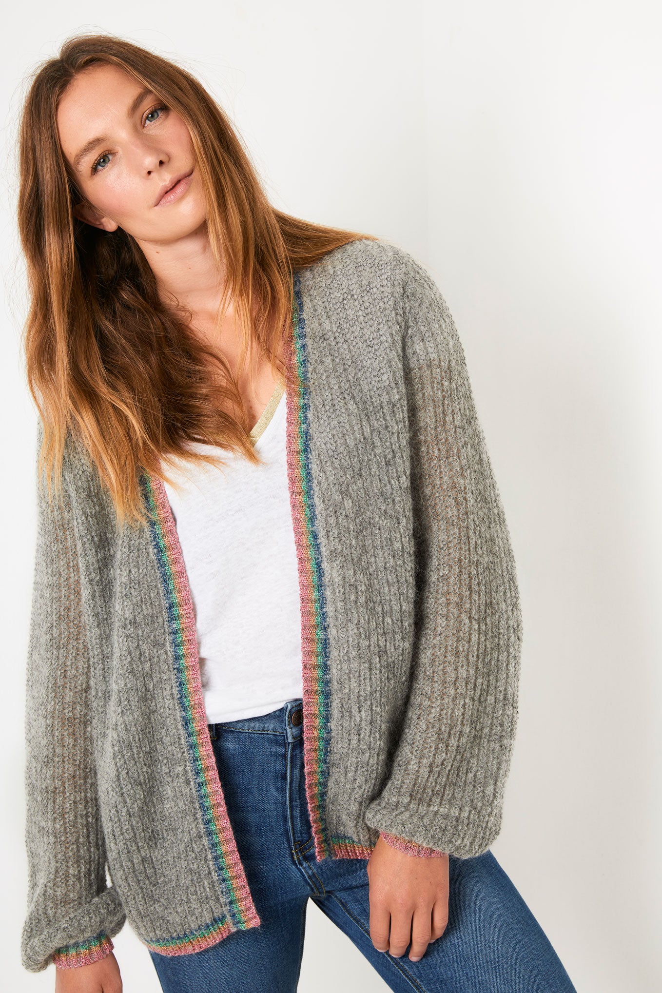 Angelux Lurex Rib Cardigan - Grey