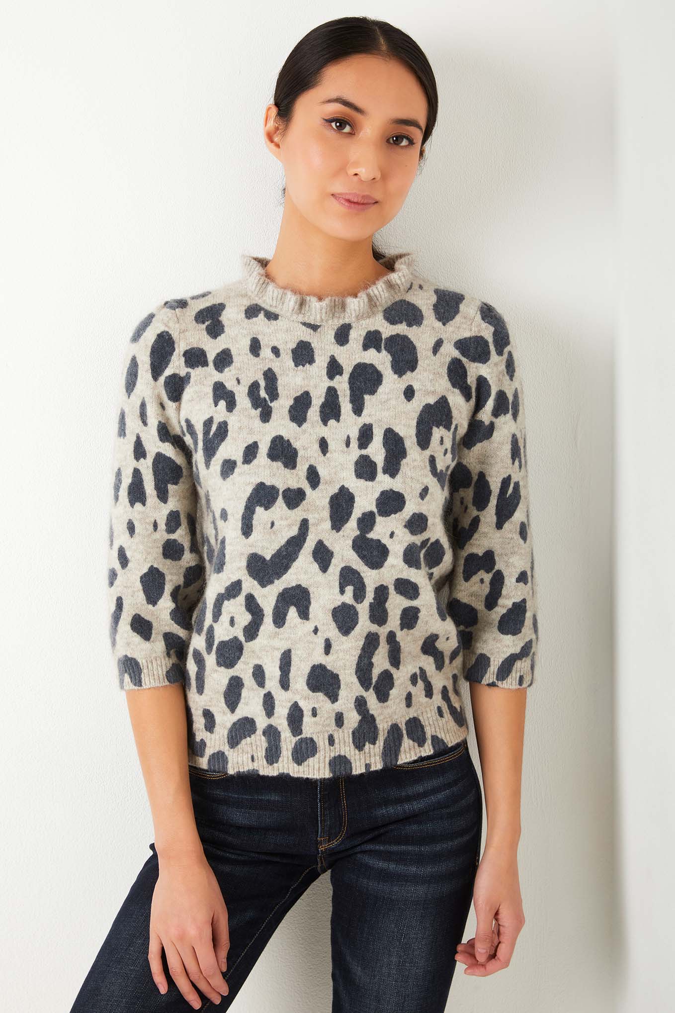 Ava Animal Print Frill Neck Jumper - Light Grey/Dark Grey