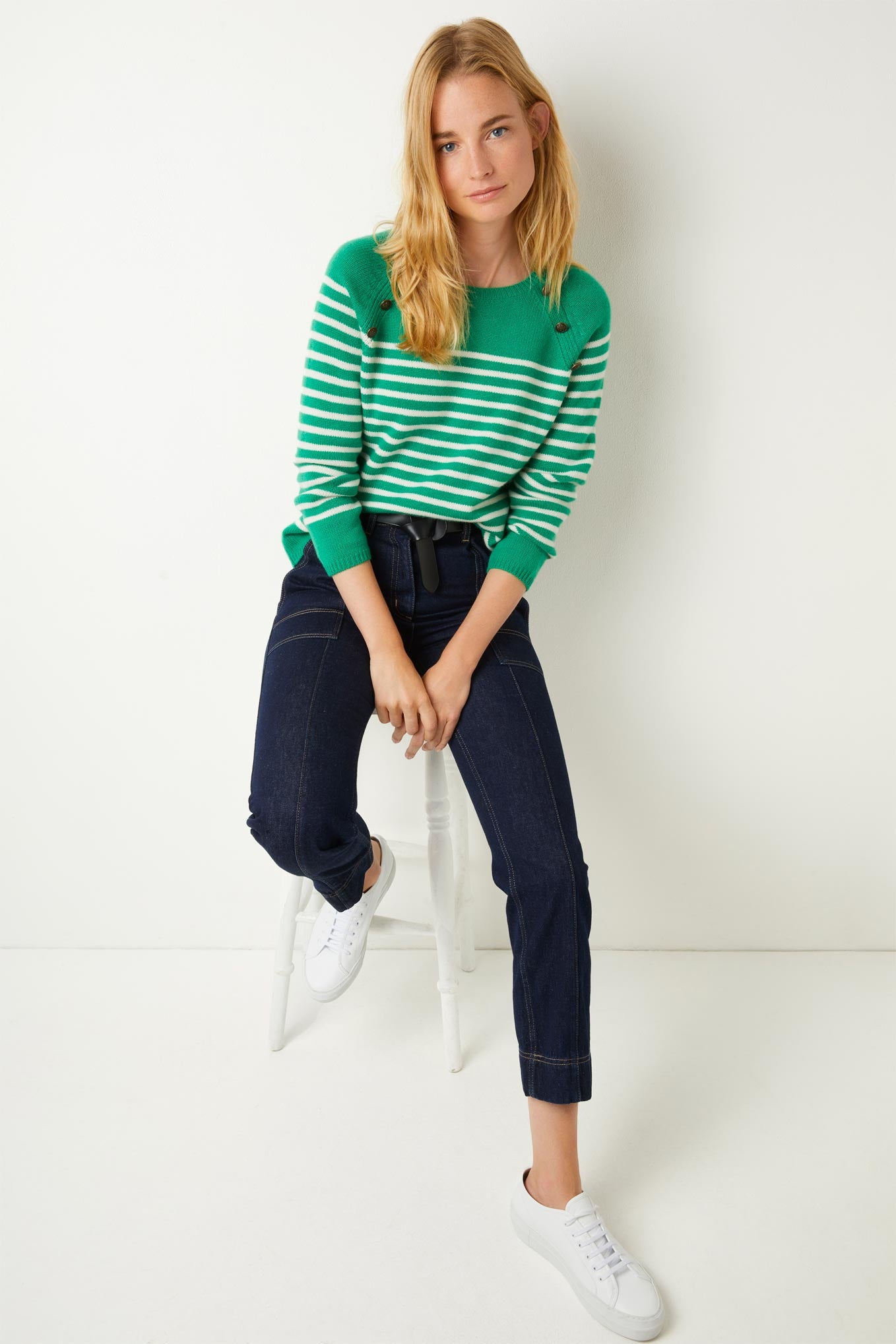 Bea Breton Striped Cashmere Jumper - Green/Ivory