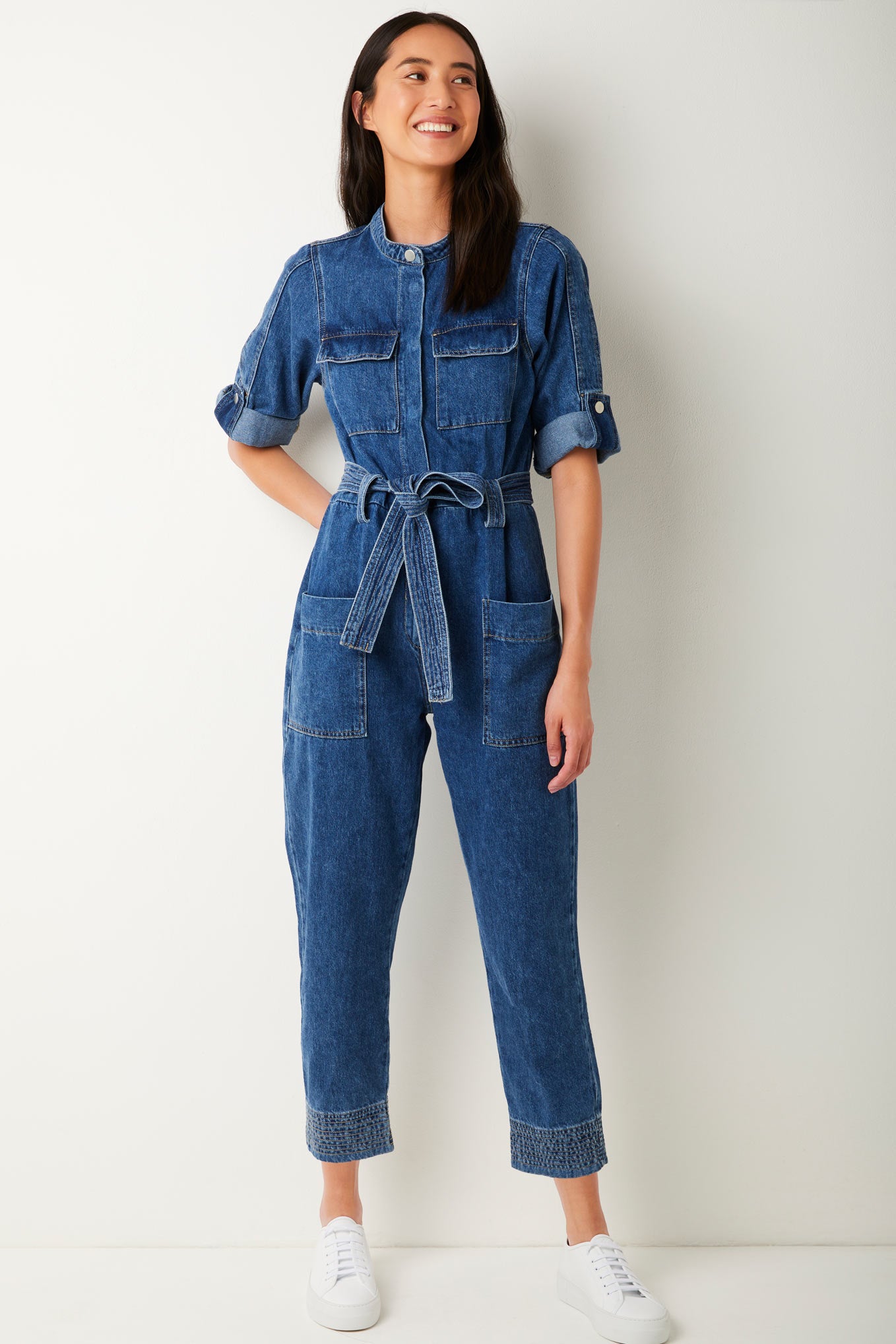 Brooke Belted Multi Stitch Jumpsuit - Mid Wash - Longer Length