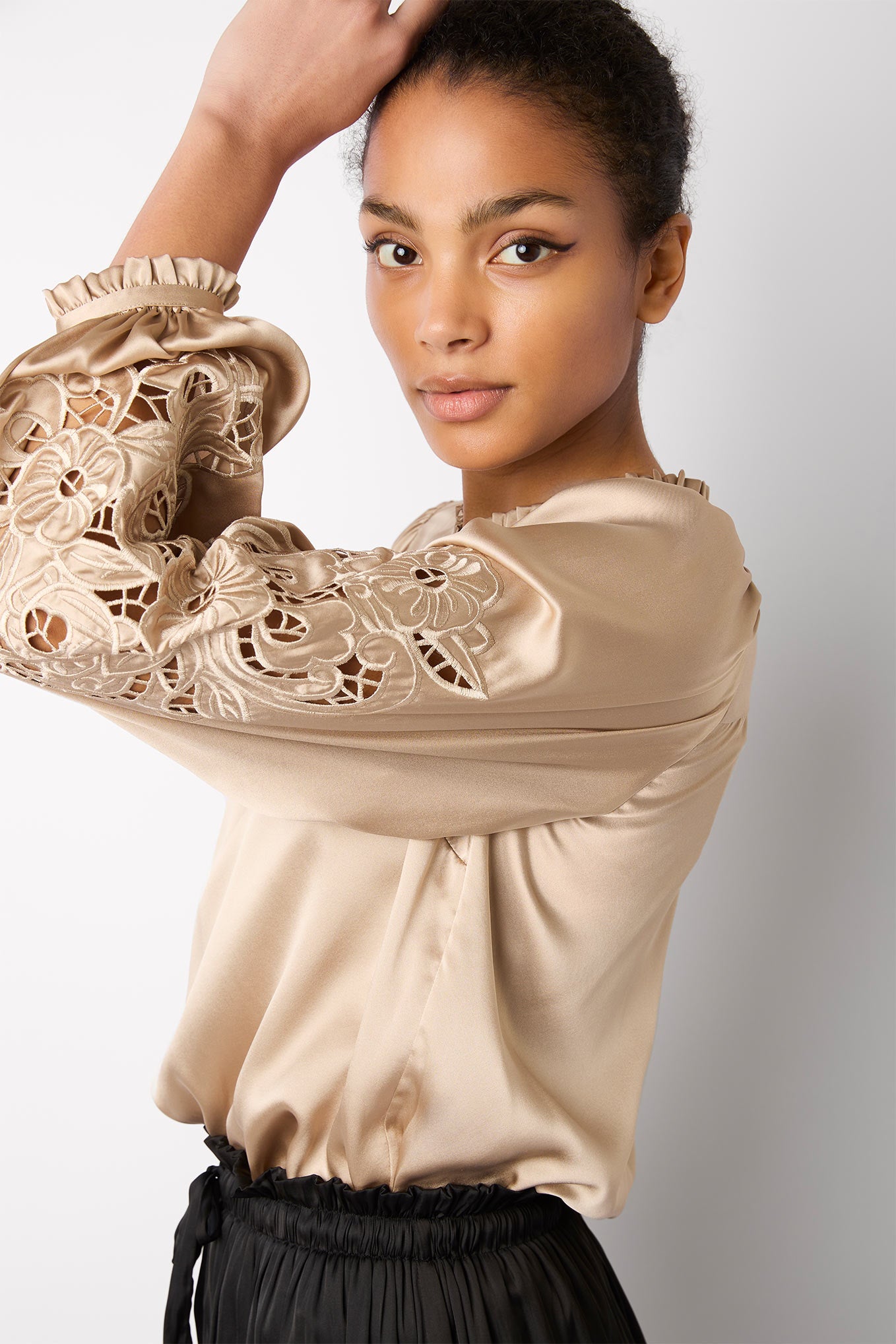 Cali Cutwork Sleeve Silk Blouse - Oyster