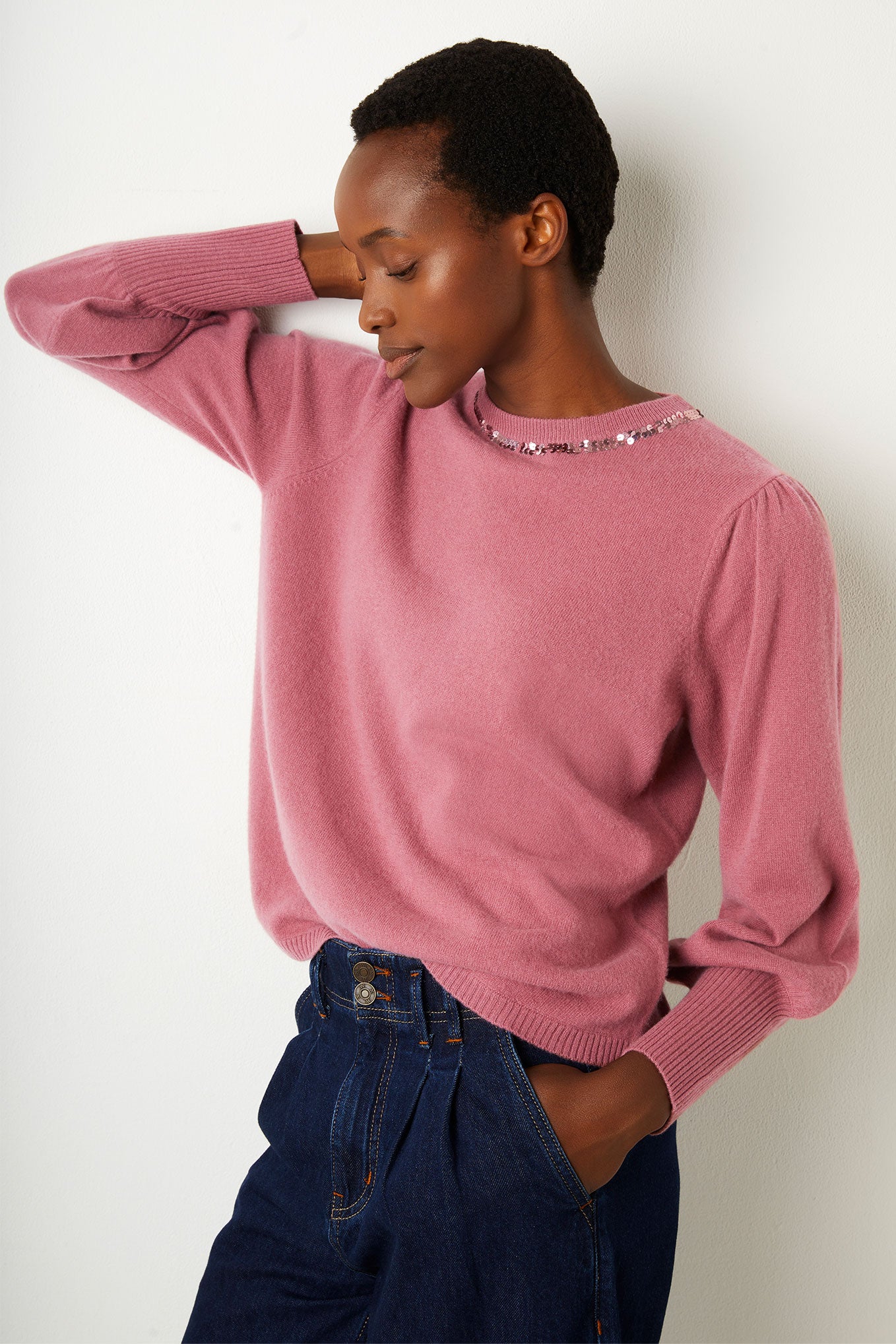 Camille Sequin Trim Crew Neck Jumper - Rose Pink