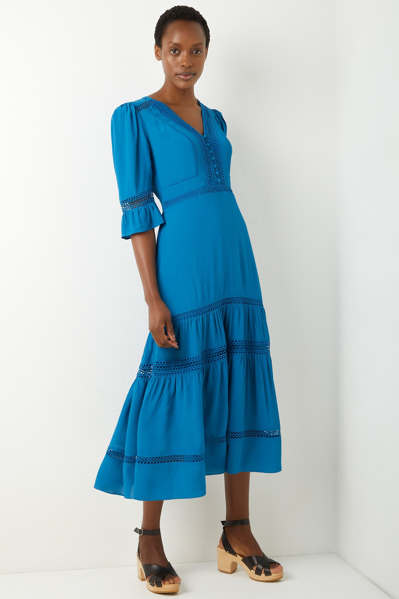 Coralie Lace Plain Dress - Ibiza Blue - Longer Length