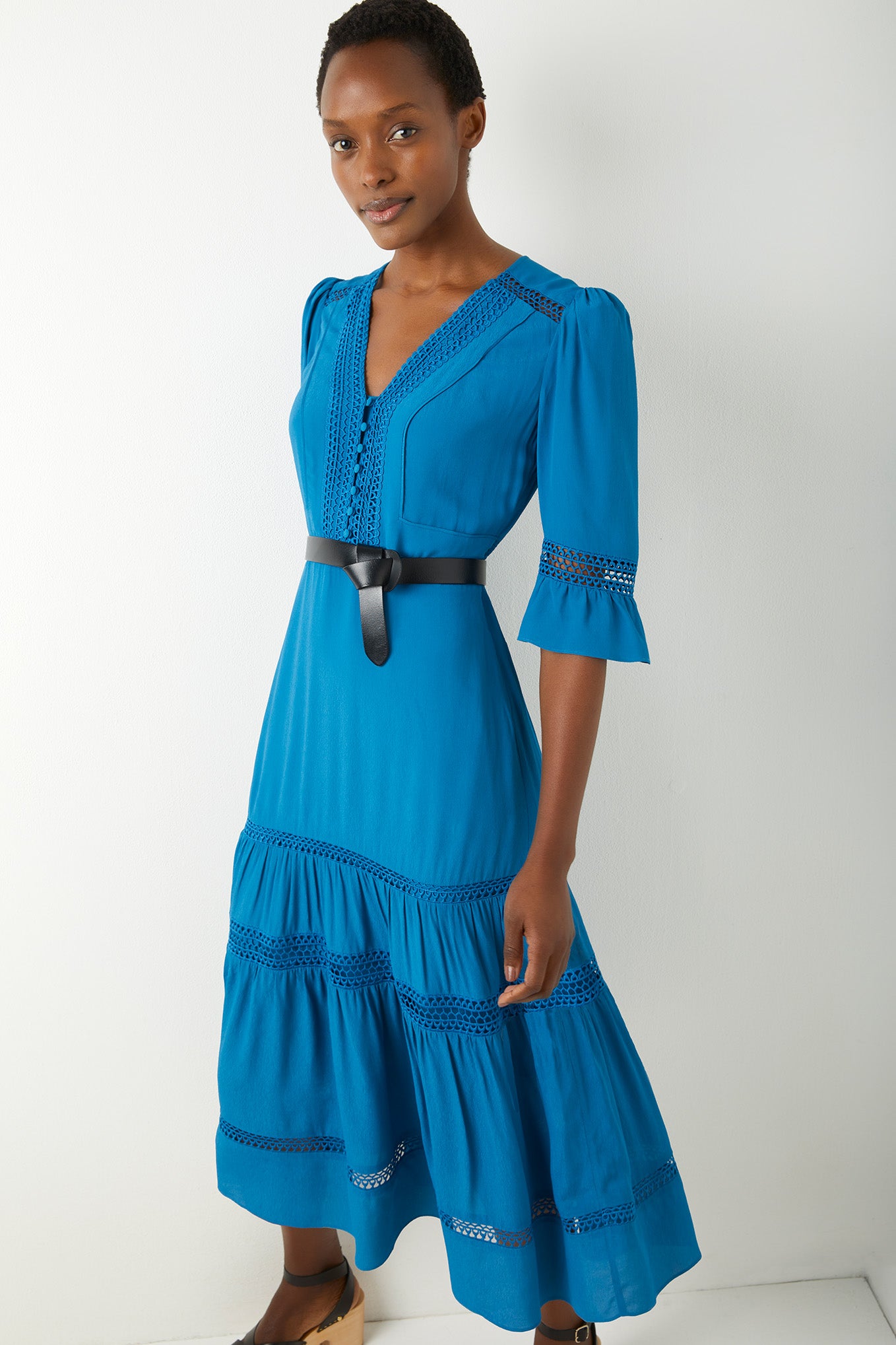 Coralie Lace Plain Dress - Ibiza Blue - Longer Length