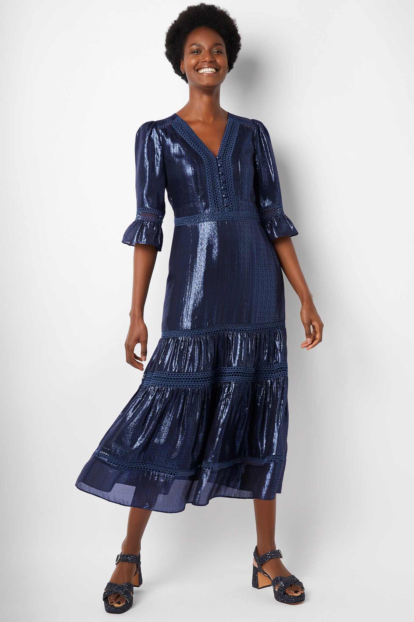 Coralie Lame Dress Silk Mix - Navy