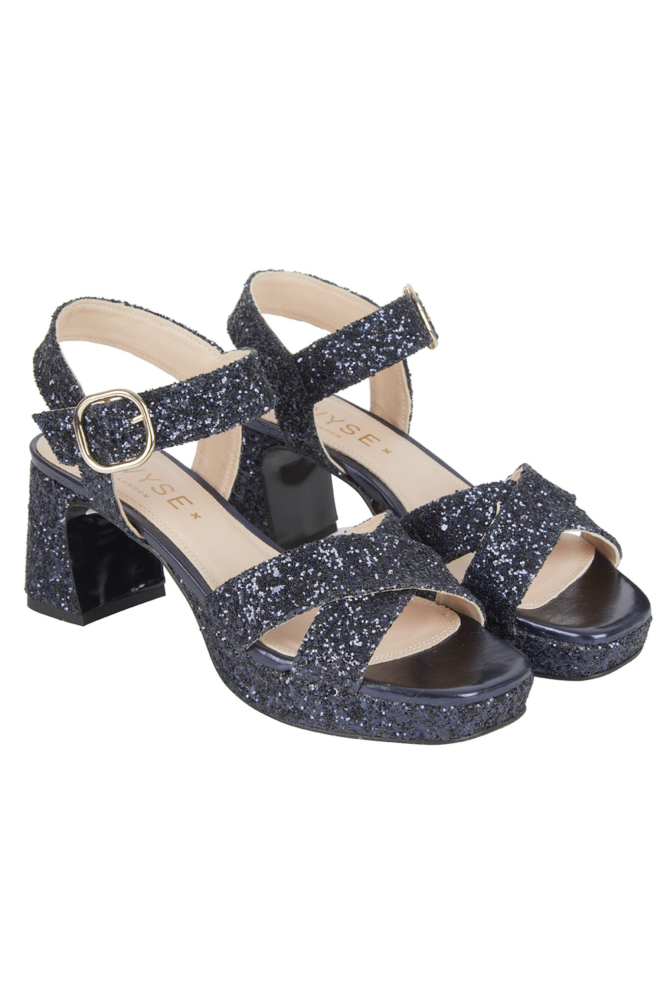 Elsie Glitter Cross Front Low Heel Sandal - Midnight