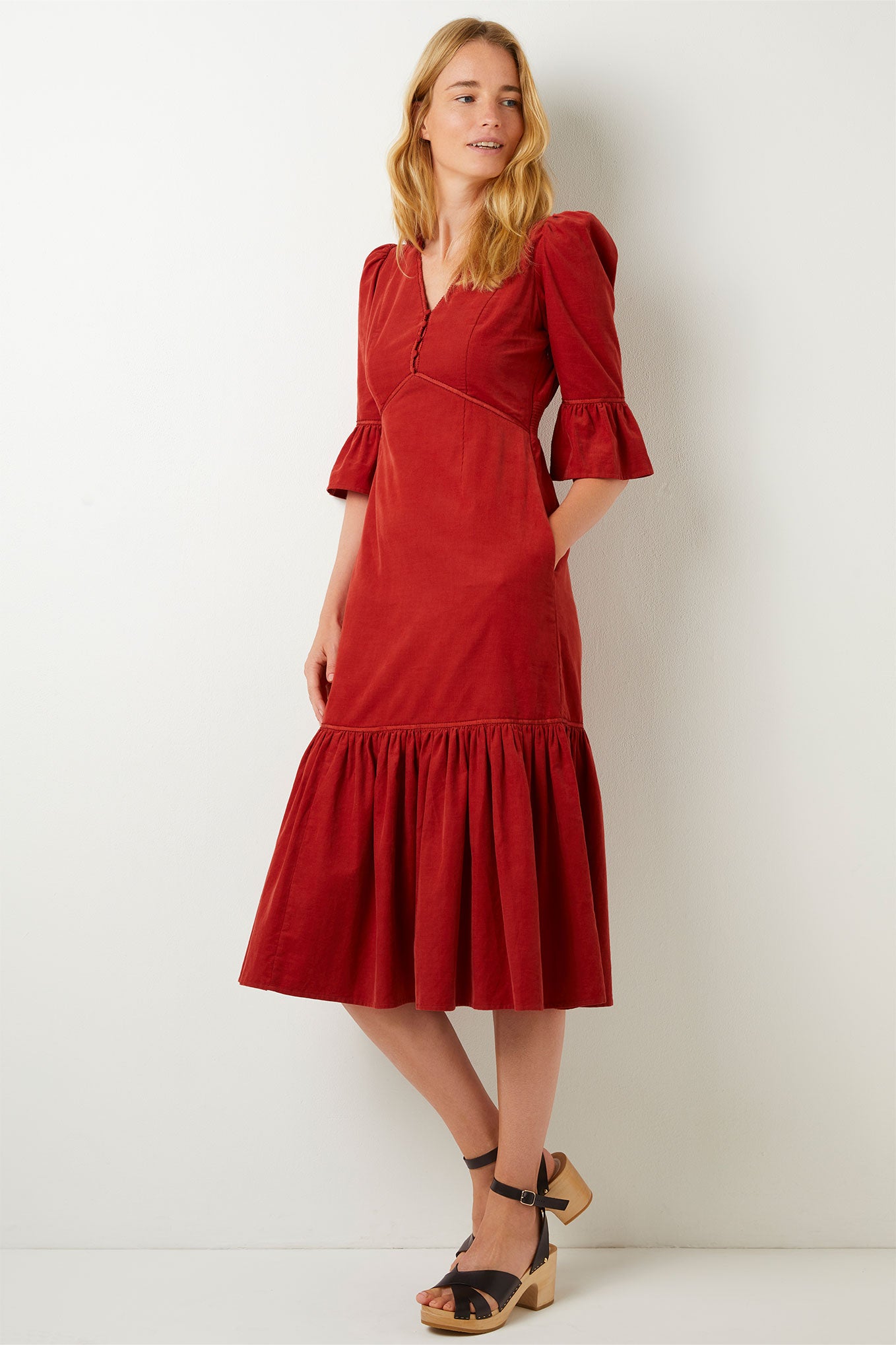 Farra Flute Sleeve Cord Dress - Paprika