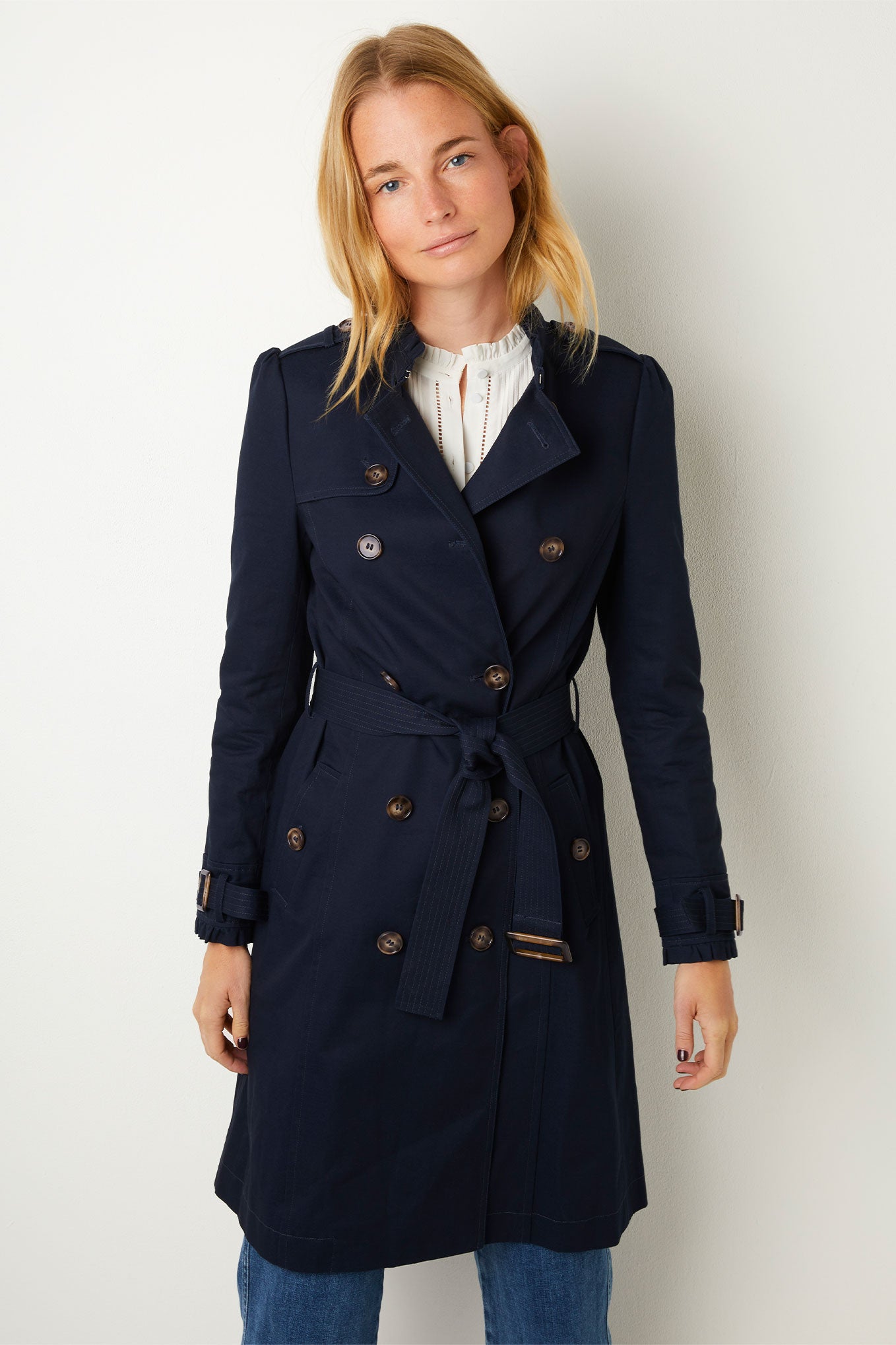 Faye Frill Neck Trench Coat - Navy