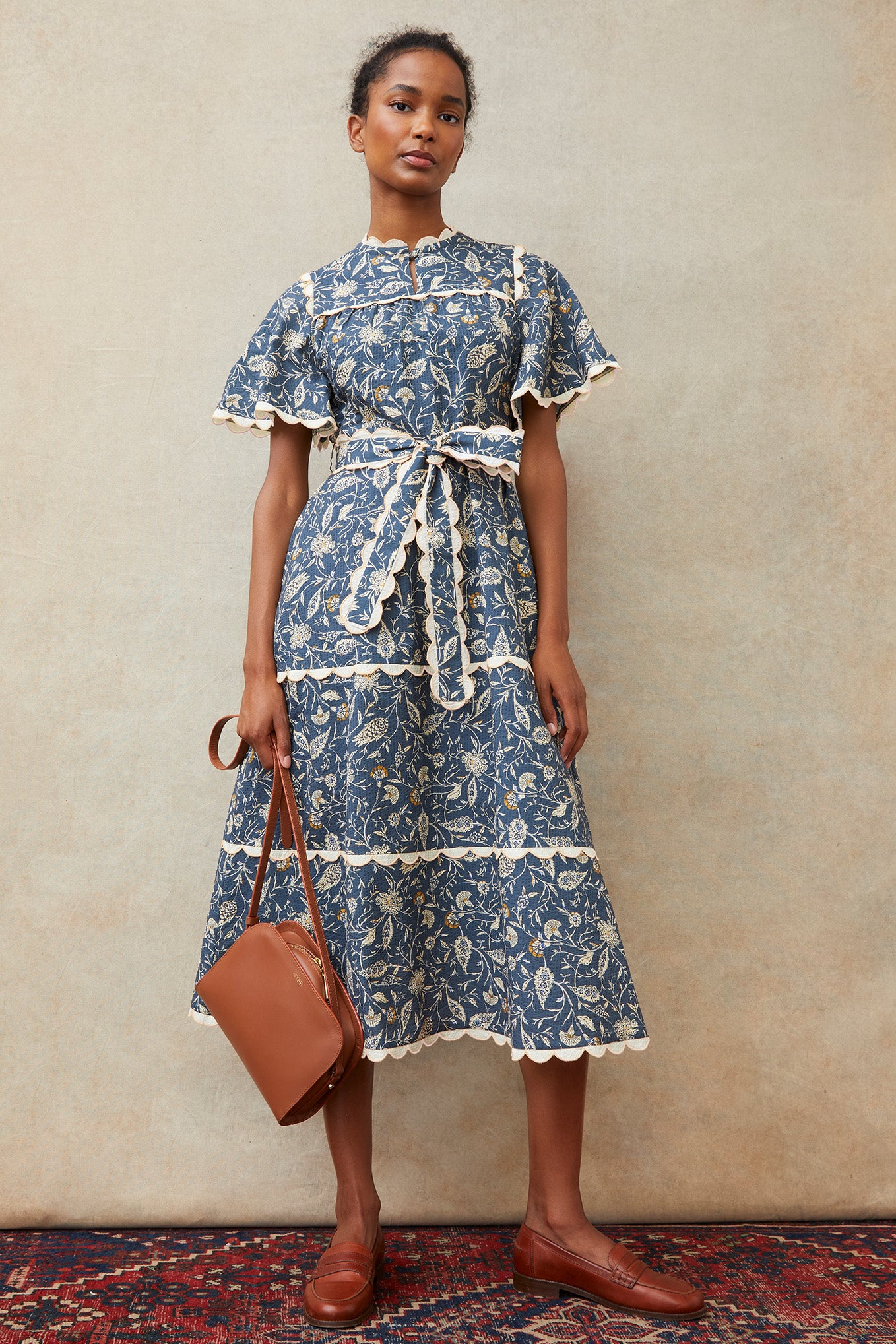 Gia Folk Floral Cotton Seersucker Dress - Navy