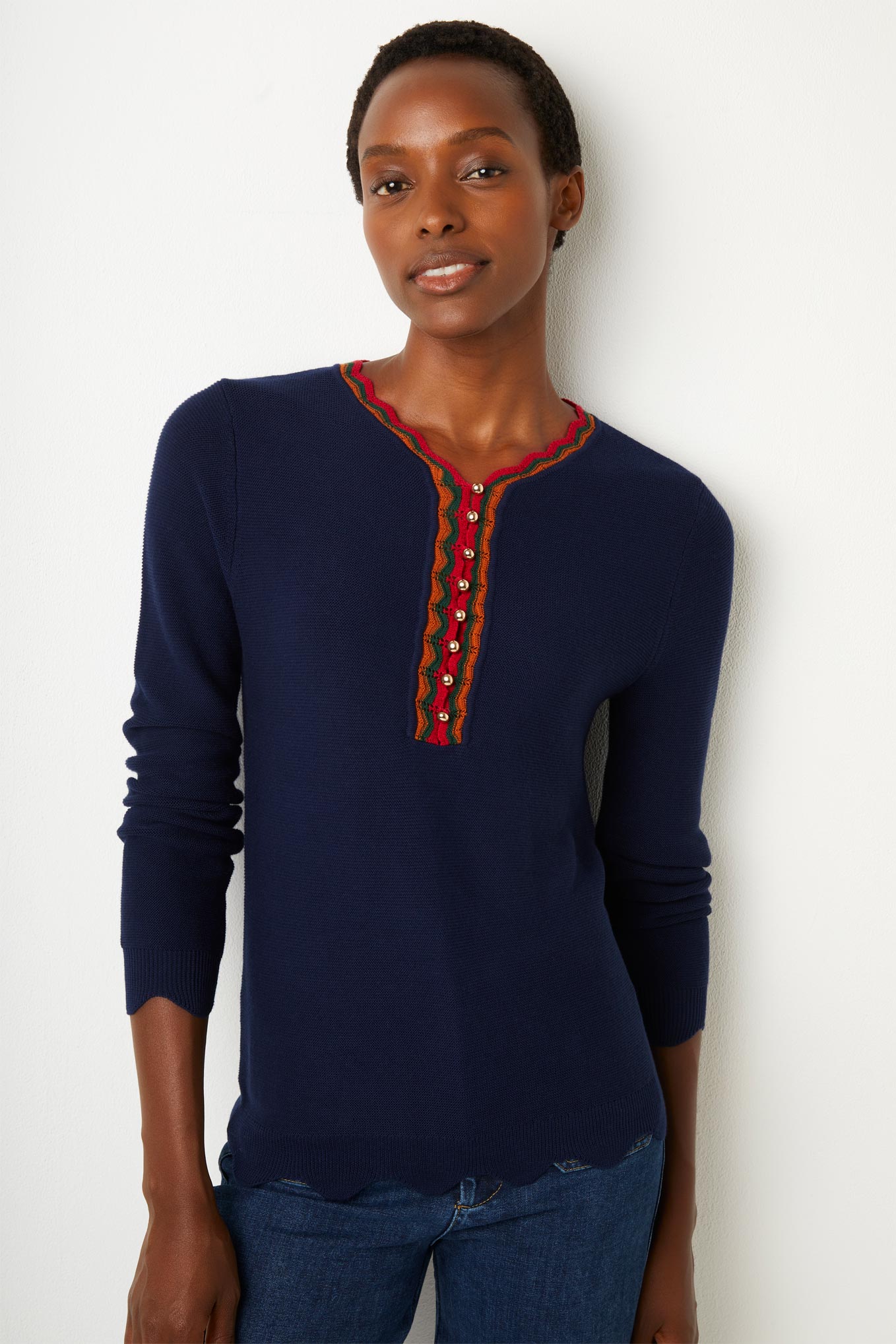 Gina Stitch Interest V-Neck Jumper - Navy