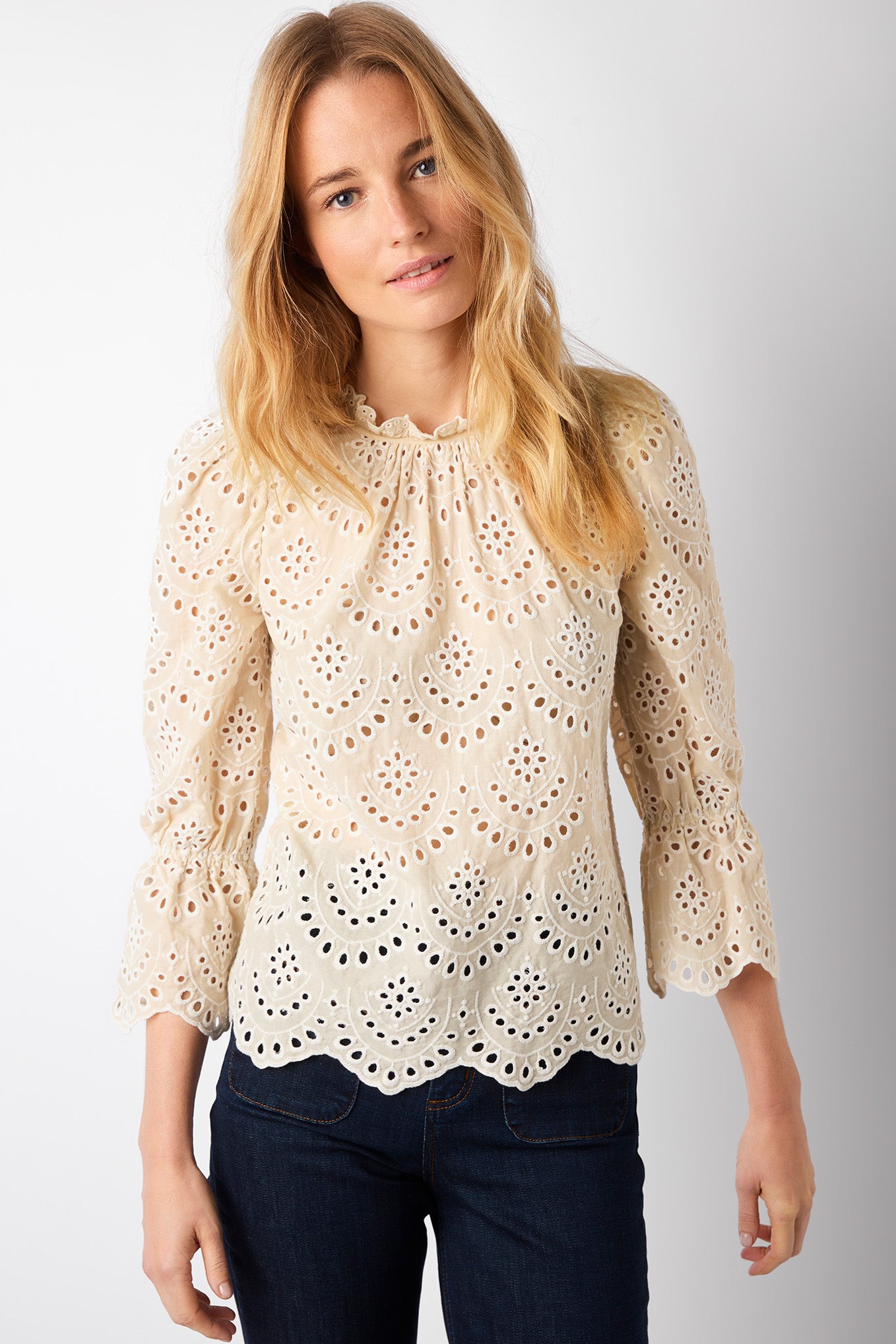 Helena High Neck Broderie Top - Ecru