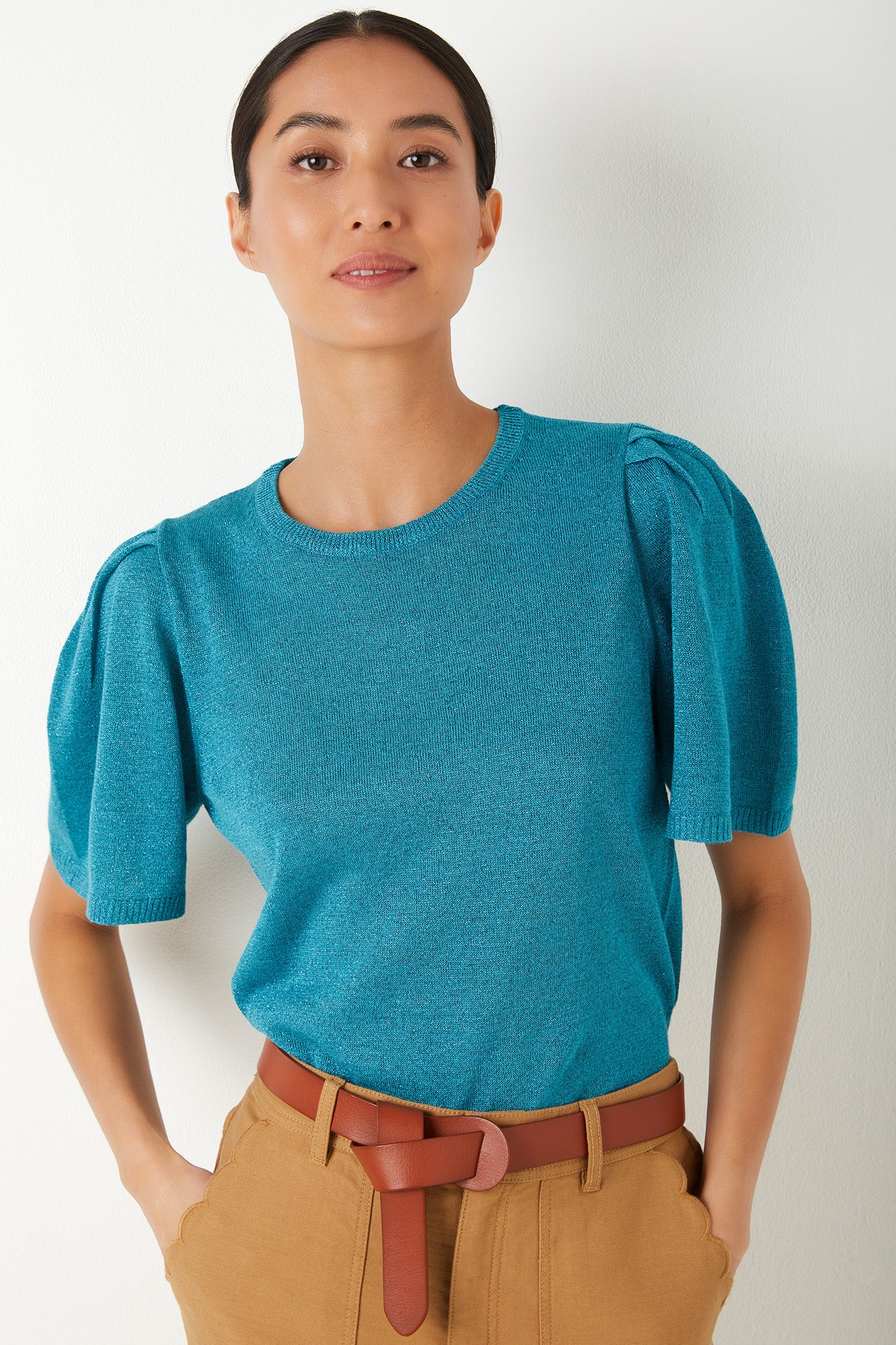 Leah Metallic Knitted Tee - Blue