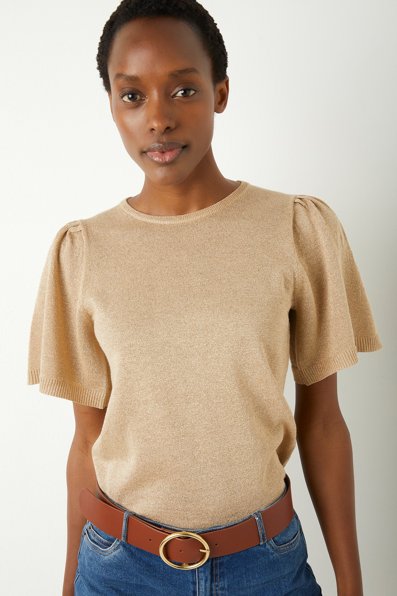 Leah Metallic Knitted Tee - Soft Gold