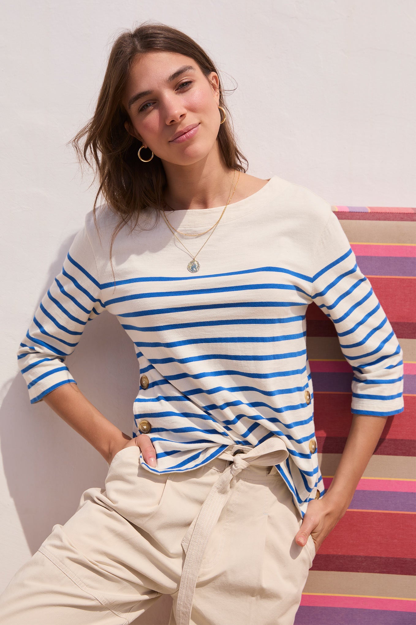 Marion Breton Button Side Tee - Ivory/Blue