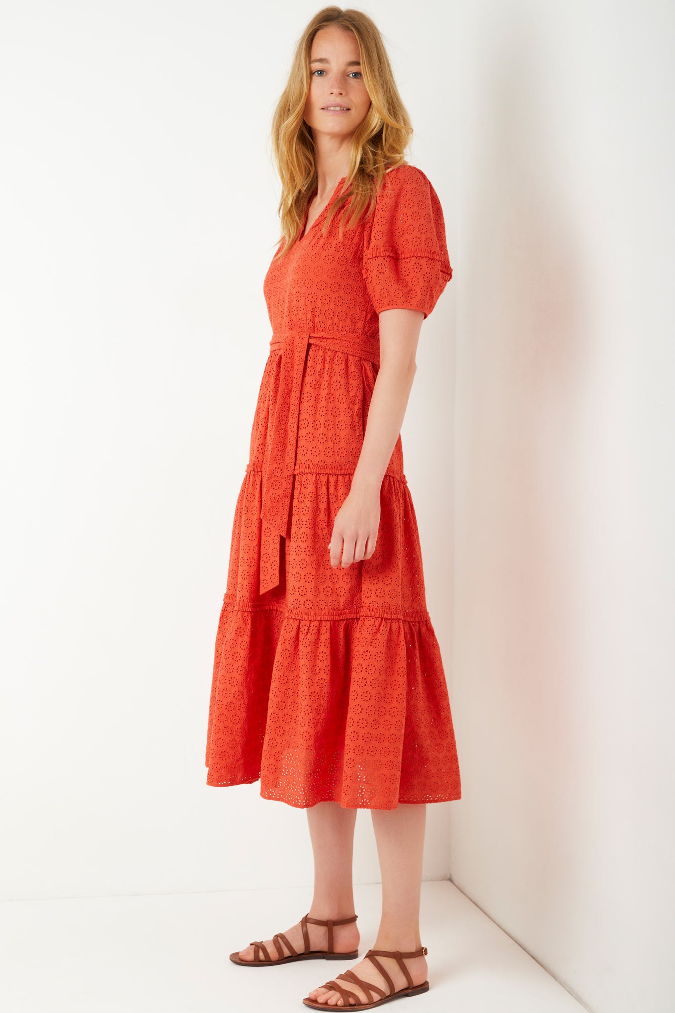 Nadine Daisy Broderie Ruffle Dress - Burnt Orange